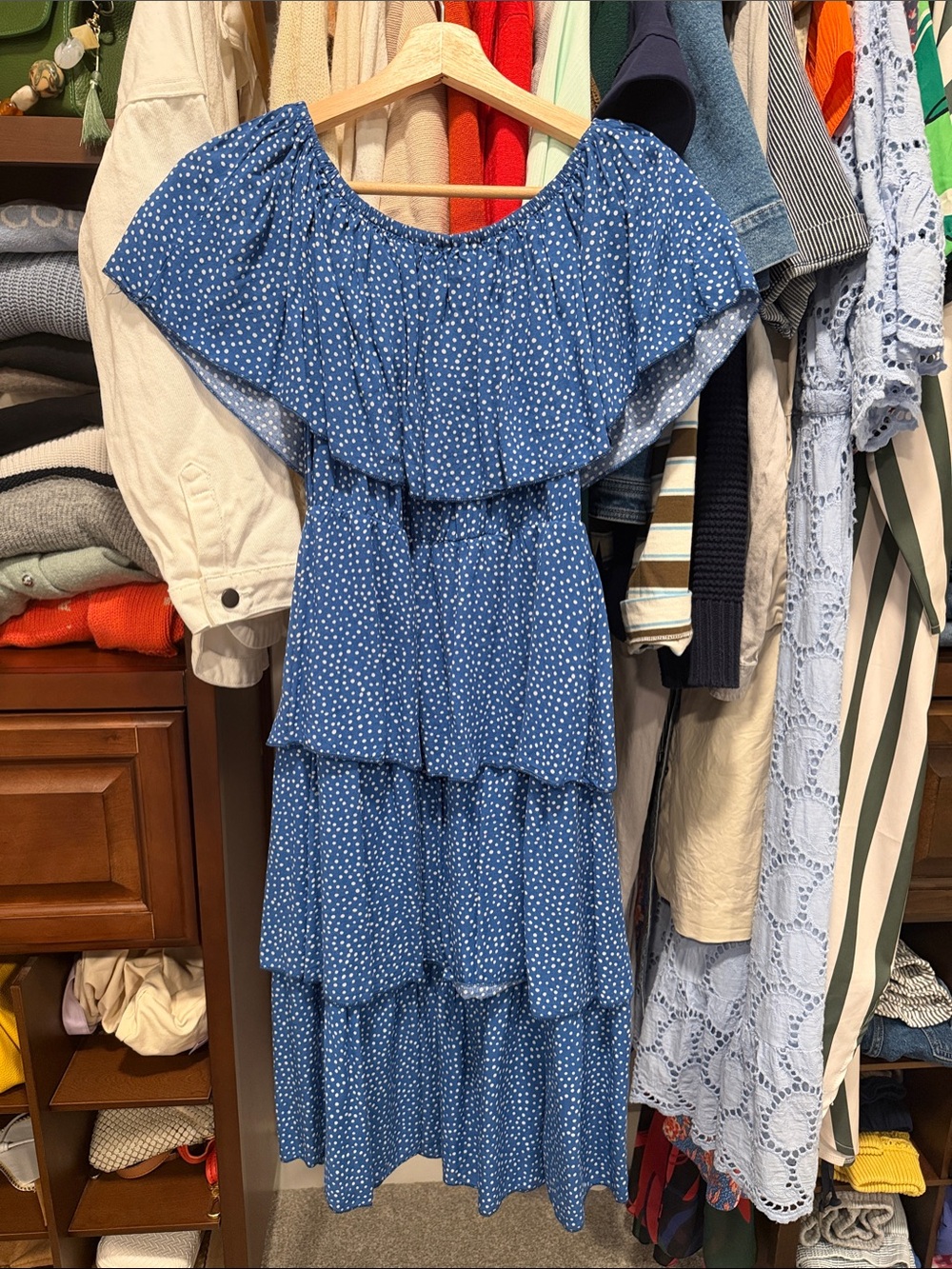 Amazon Blue Polka Dot Over the Shoulder Tiered Dress